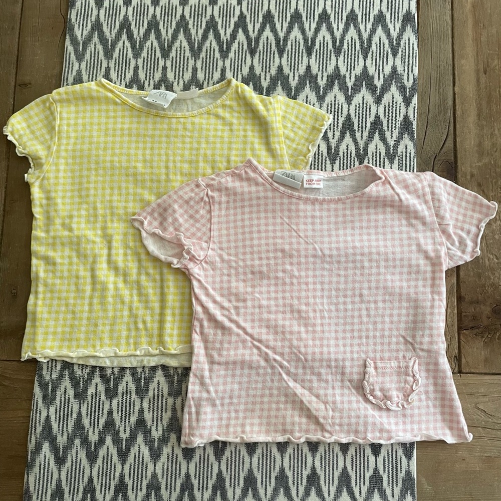 Zara: Toddler Gingham Ruffled Tees - Soft Pink and Sunny Yellow